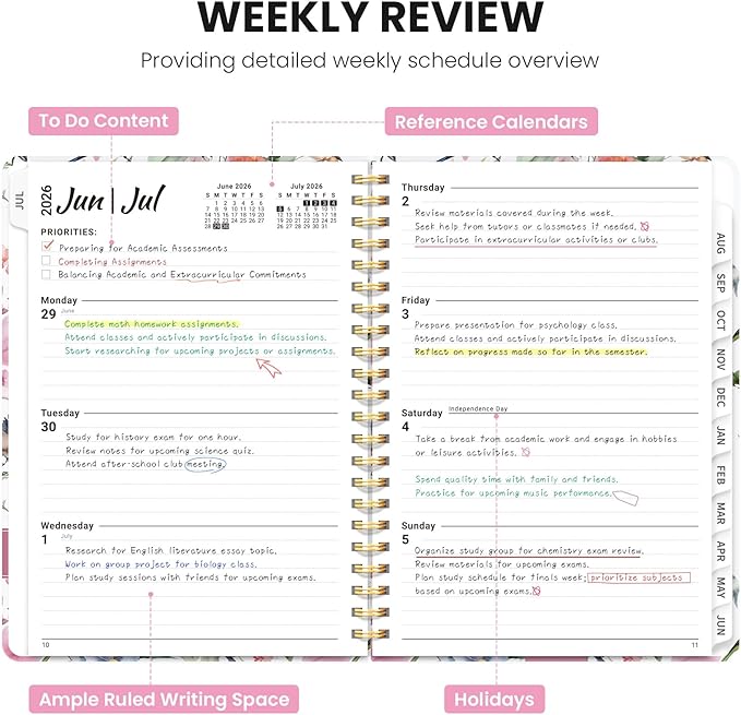 Planner 2026-2027, Monthly and Weekly Academic Planner July 2026 - June 2027, Hardcover Student Teacher Planning Agenda Calendar Book with Tabs, Perfect for Office School Supplies, A4 (8.5" x 11") - Songbird Bloom