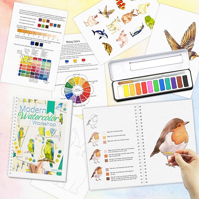 2Pcs Watercolor Workbook Beginner-Friendly Watercolor Workbook with Step by Step for Adults for Adults with 12 Colors Paint, Beginner Watercolor Painting Kit Watercolor Paper - Valentine's Day Gift