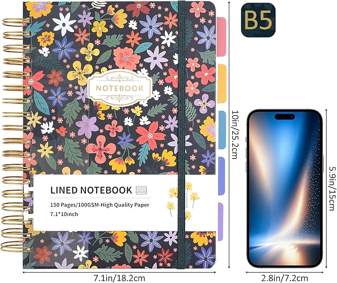 Hardcover Spiral Notebook 7.1"x10" Journal with Removable Divider Tabs, 150 Pages, 5 Subject Notebook, Ideal for Women Work Stationery, Pretty Student Planner, Meetings, Essential Notebooks, Tabbed Notebook, Aesthetic Subject Journal