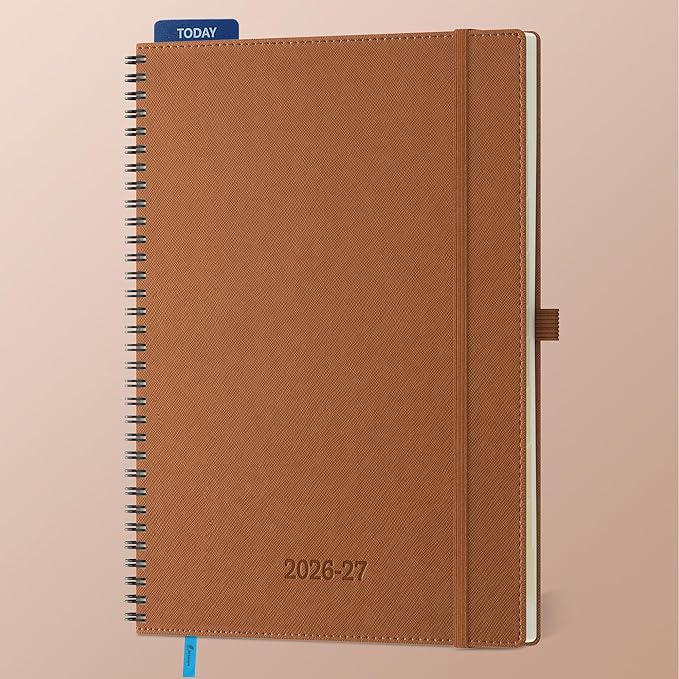 Planner 2026-2027 Daily Weekly and Monthly,11.5"x8.5",18 Months Spiral Bound Calendar Agenda with Self-adhesive Pen Holder,2026 Academic Plan with Vegan Leather Soft Cover,Brown