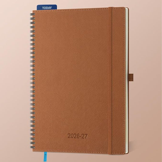 Planner 2026-2027 Daily Weekly and Monthly,11.5"x8.5",18 Months Spiral Bound Calendar Agenda with Self-adhesive Pen Holder,2026 Academic Plan with Vegan Leather Soft Cover,Brown