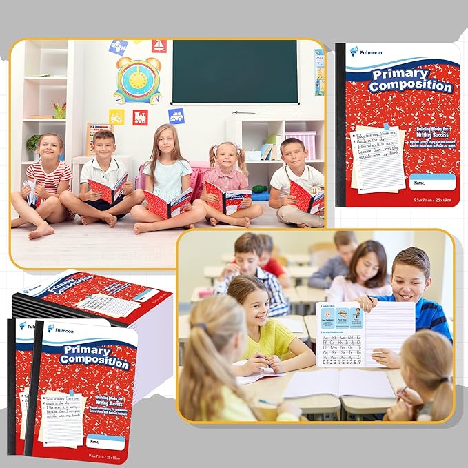 24 Pack Primary Composition Notebook,Grade K-2 Journal Wide 3 Line Ruled,80 Pages,Marble Cover,7-1/2" x 9-3/4" Primary Writing Notebook for Kindergarten Preschool,1st 2nd Grad (Red Color)