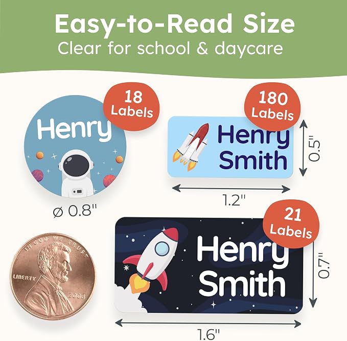 Personalized Daycare Name Labels for Kids [210pcs, Galaxy] - Waterproof Name Stickers for School, Baby Bottles & Clothing - Custom Name Stickers - Washable Stick On Labels (Various Sizes)