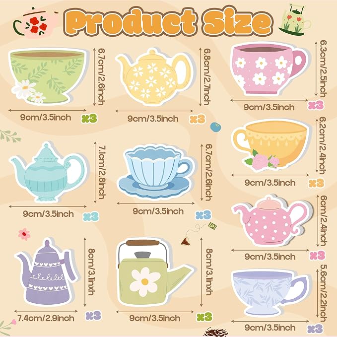 Xqumoi 30 Pack Tea Party Sticky Notes - Cute Teapot Theme Self Sticky Notepads Floral Vintage Tea Cup Writing Memo Pads for Birthday Baby Shower Wedding Garden Classroom Party Favors