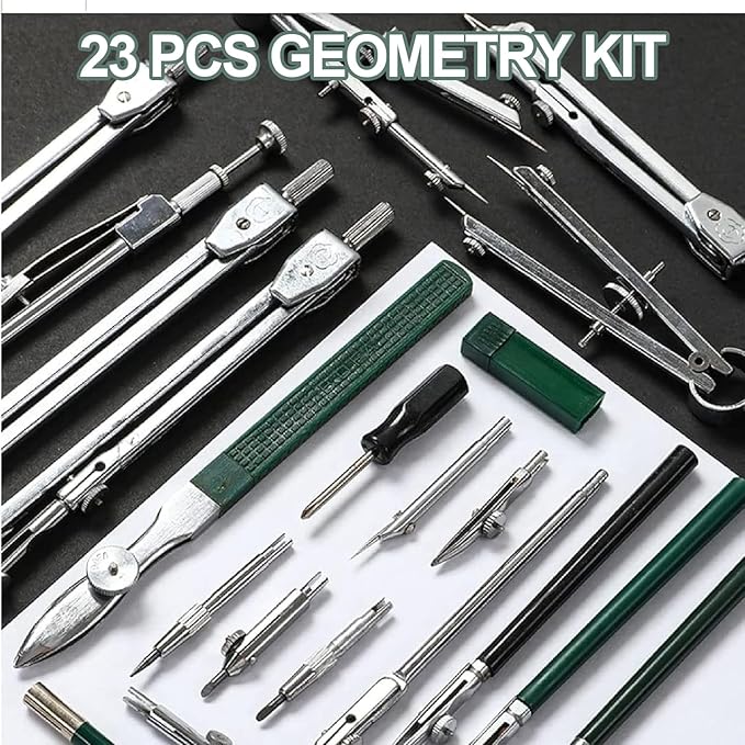 23 Piece Geometry Kit, Construction Engineering Design Professional Drawing Tools, with Large Extension Beam, for Drafting, Math and Making Circles, School, Drafting, Architecture