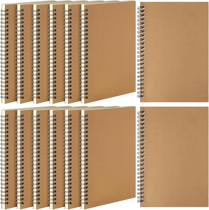 Leelosp 12 Pcs Small Spiral Notebook Lined Spiral Journal College Ruled Notebook Wire Bound Kraft Cover, 120 Pages for Work (Brown,5 x 7 Inch)