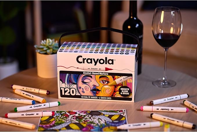 Crayola Dual-Tip Alcohol Marker Set for Adults (120ct), Bulk Adult Coloring Book Markers for Blending, Shading & Layering, Fine & Brush Tips [Amazon Exclusive]