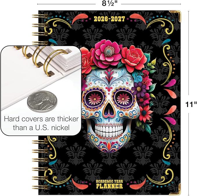 HARDCOVER Academic Year 2026-2027 Planner: 14 Months (May 2026 Through June 2027) 8.5"x 11" Daily Weekly Monthly Planner Yearly Agenda. Bookmark, Pocket Folder and Sticky Note Set (Sugar Skull)
