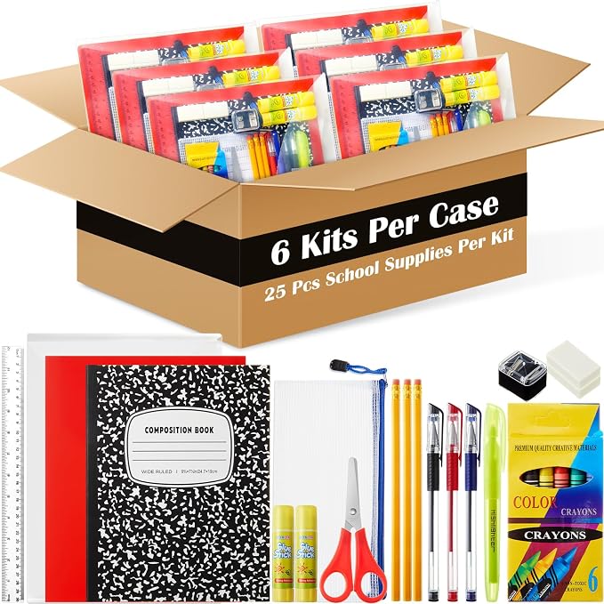 AmazingSpark 6 Sets Back to School Supplies Kit for Students Grade 7-12 Donation Kits Back to School Supplies Bundle Essentials Includes Folder Highlighters Crayons Notebooks Scissors and More