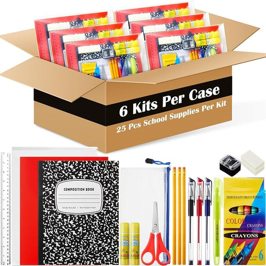 AmazingSpark 6 Sets Back to School Supplies Kit for Students Grade 7-12 Donation Kits Back to School Supplies Bundle Essentials Includes Folder Highlighters Crayons Notebooks Scissors and More