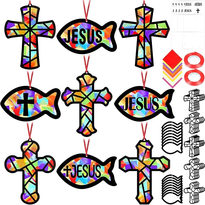 48PCS Sunday School VBS Crafts Bulk: Paper Cross Fish Nativity Suncatchers, Jesus Religious Christian Activity DIY Kits Church Decorations, Window Stained Glass Effect Art Supplies