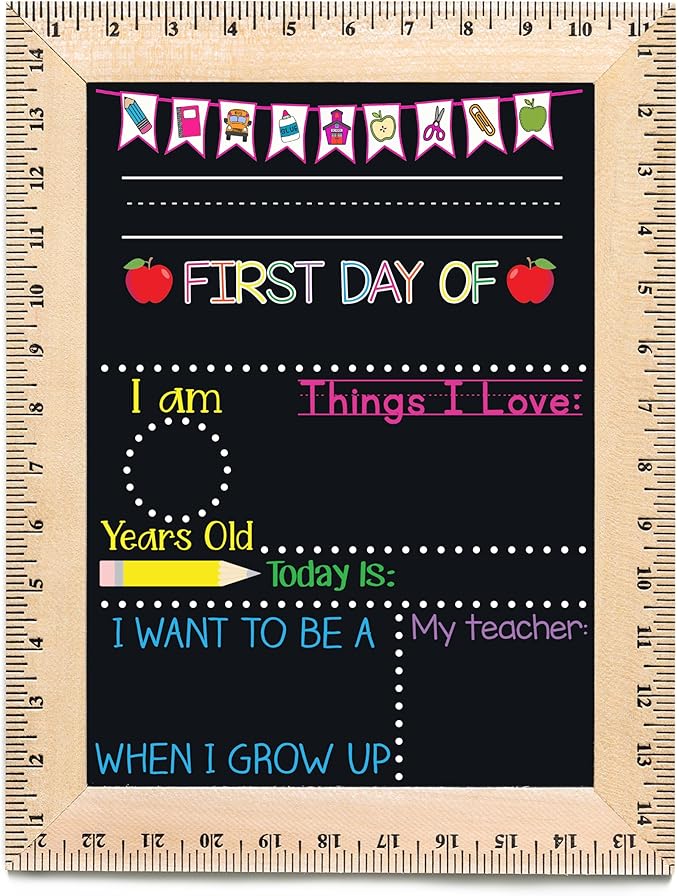 Bloom Owl First Day of School Chalkboard Sign - 11.5"x15" Reusable Back to School Photo Prop with Wooden Ruler Frame for Preschool, Kindergarten, and Beyond