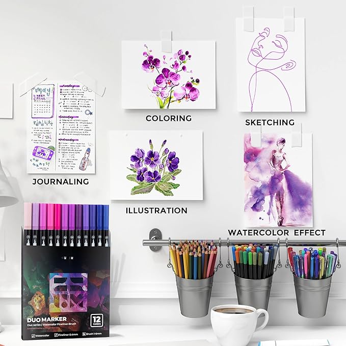 Purple Duo Tip Marker Pens, 12 Pack Fine & Brush Markers for Adult Coloring Books No Bleeding, Royal Purple Markers for Fantasy Art, Mystical Patterns, Creative Shadows and Luxury Themes
