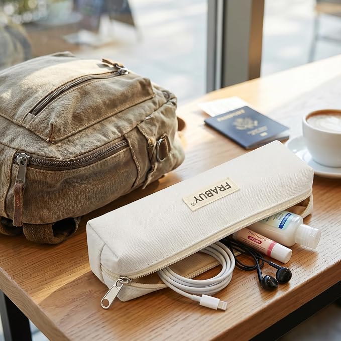 Canvas Pencil Case Pouch, Multipurpose Pen Bag Stationery White | Heavy-duty Canvas, Smooth Alloy Zipper, Cute Organizer for Girls and Boys, Ideal for Stationery, Cosmetics, Tech Gear