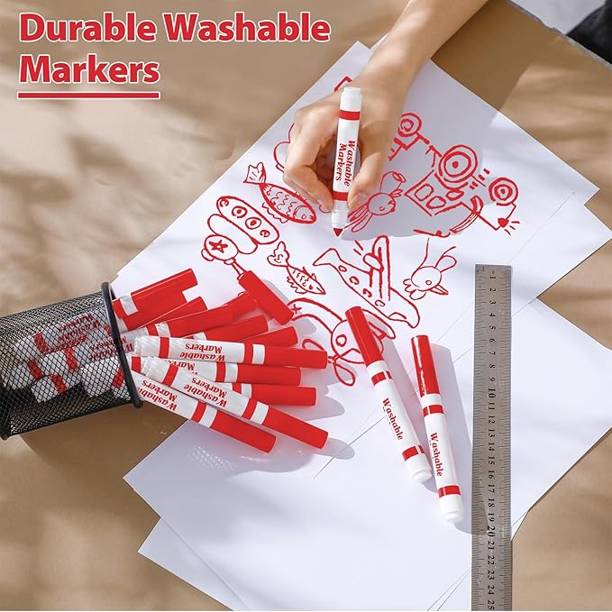 36 Pcs Red Washable Markers Bulk Coloring Broad Line Markers for Kids Red Conical Tip Drawing Pen for Christmas, School Supplies, Travel Art Baby Shower Gender Reveal Party Supplies, Ages 6+
