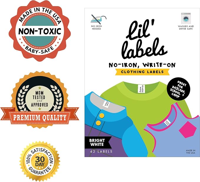 Clothing Labels, Name Labels for Masks, Washer and Dryer Safe, No Iron, Kids Labels for Daycare, Nursing Home Labels, Washable, Write-On, Made in the USA
