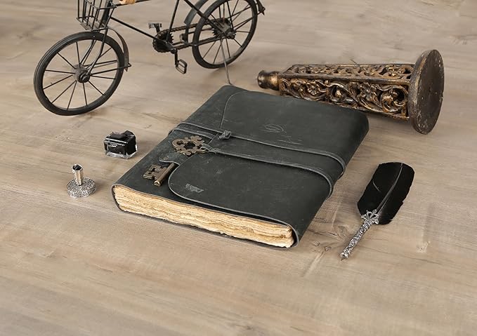 Leather Journal with Deckle Edge Paper 8x6 inch and Vintage Key | Handmade Writing Notebook Diary | Bound Daily Notepad for Men & Women Medium, Sketch/Writing pad for Artists