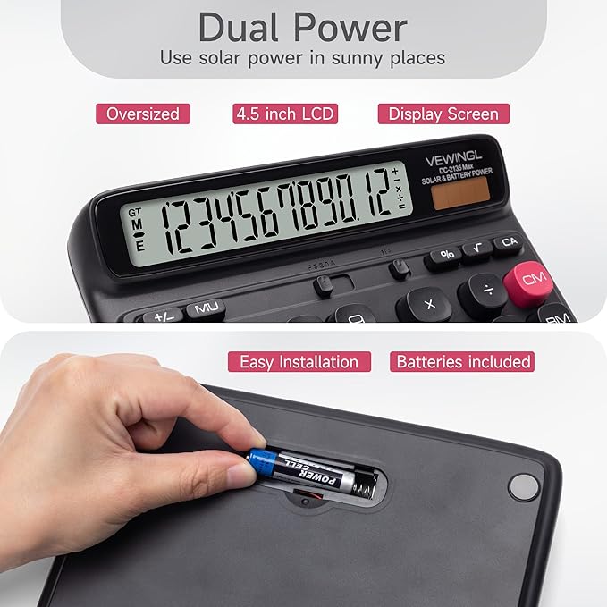 VEWINGL Desktop Calculator with Extra Large LCD Display, 12-Digit Dual Power Solar & Battery Calculator, Big Button Office Calculator for Accounting, Home, School & Business Use (Black)
