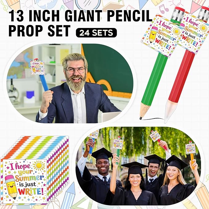 24 Sets End of the Year Student Gifts 13 Inch Big Wooden Jumbo Pencils Set of Giant Pencil Prop with Summer Greeting Card Large Pencils with Cap Preschool Kindergarten Graduation Gift