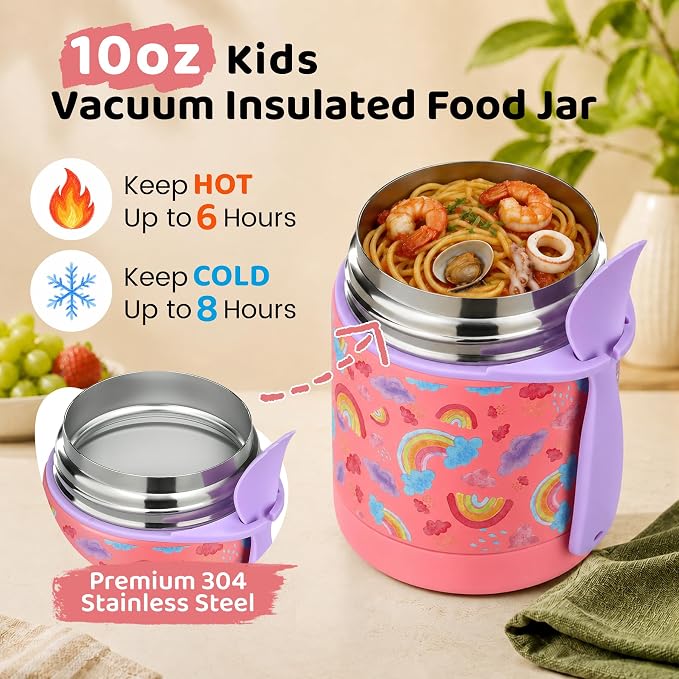 Pawtong 10oz Soup Thermo for Hot Food Kids Insulated Food Jar,Thermo Hot Food Lunch Container, Width Mouth Stainless Steel Lunch Box for Kids with Spoon (Pink-rainbow)