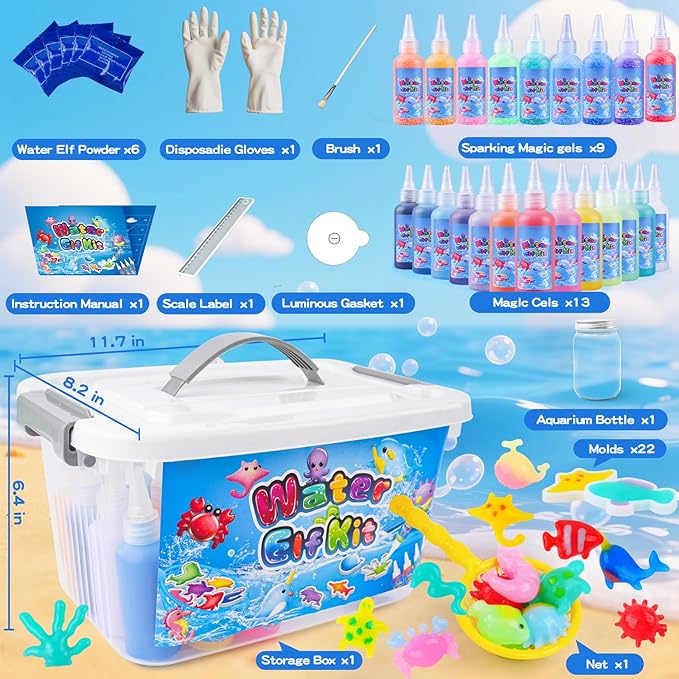 Aibxiu Magic Water Elf Toy Kit, Crafts for Kids Ages 4-8-12, Aqua Fairy Water Gel with 22 Gels, 22 Sea Creature Molds, DIY Craft Kit, Birthday & Party Favors for Kids Ages 3+