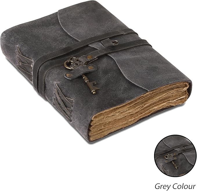 Leather Journal with Deckle Edge Paper 8x6 inch and Vintage Key | Handmade Writing Notebook Diary | Bound Daily Notepad for Men & Women Medium, Sketch/Writing pad for Artists