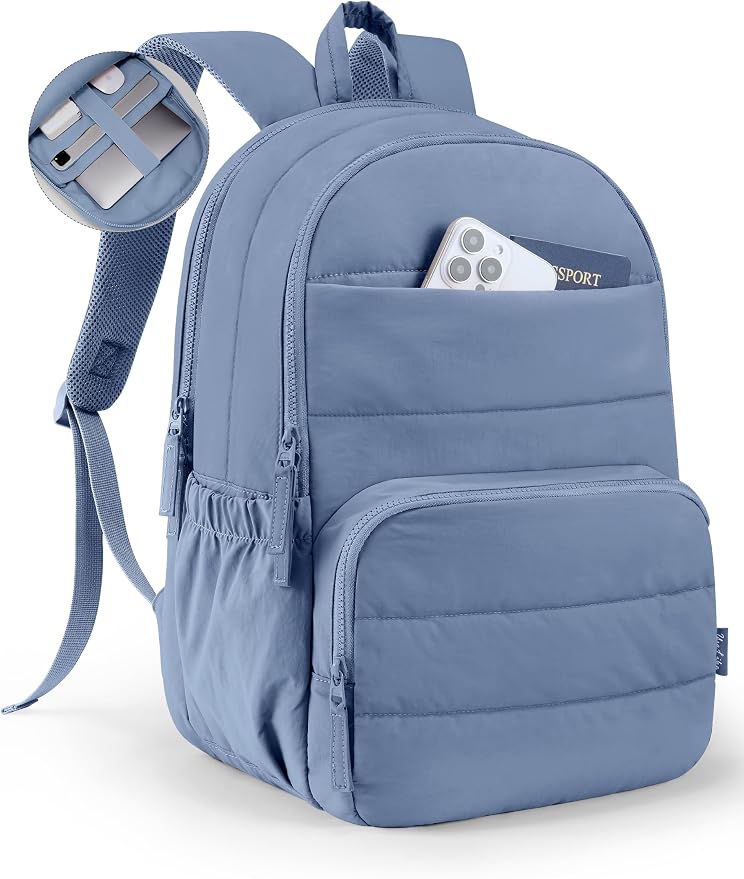 Uselike Travel Backpack for Women, 15.6 Inch Laptop Backpack, Quilted College Bookbag, Cute Work Backpacks, Water Resistant (Haze Blue)