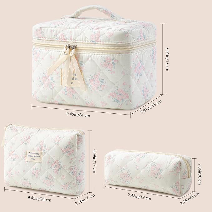 HBselect Quilted Makeup Bag, 3Pcs Cotton Large Travel Makeup Bags Organizer | Cute Floral Make up Bag Cosmetic Bag Toiletry Bag for Women Girls, Makeup Pouch for Skincare, Brushes & Travel Essentials