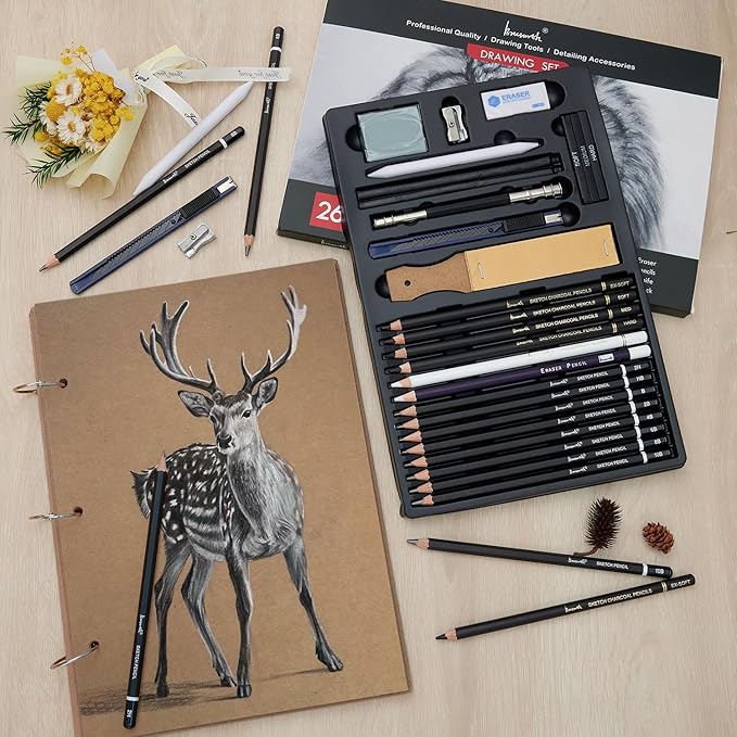 Brusarth Charcoal Pencils for Drawing, Set of 26, Professional Drawing Sketch Pencils, Art Supplies for Sketching, Shading, Blending, Artist Pencils for Beginners & Pro Artists