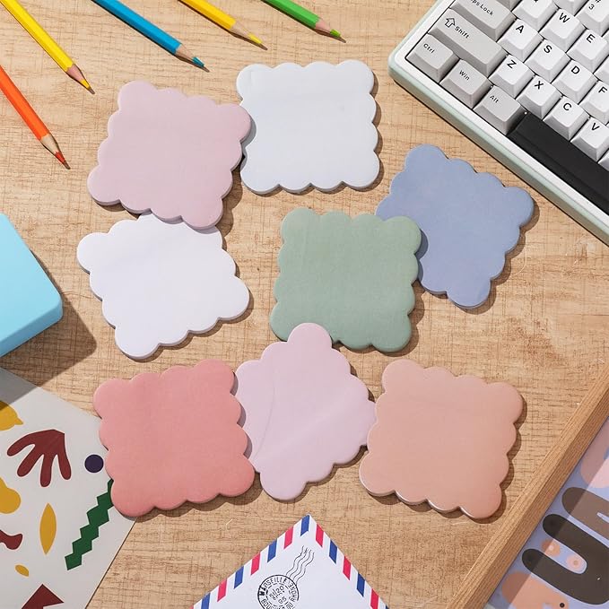 Eaasty 8 Pack Scalloped Aesthetic Sticky Notes Bulk Vintage Colors Cute Wavy Self Sticky Note Pads 3" x 3" Blank Note Pads for Back to School Office Supplies 240 Sheets