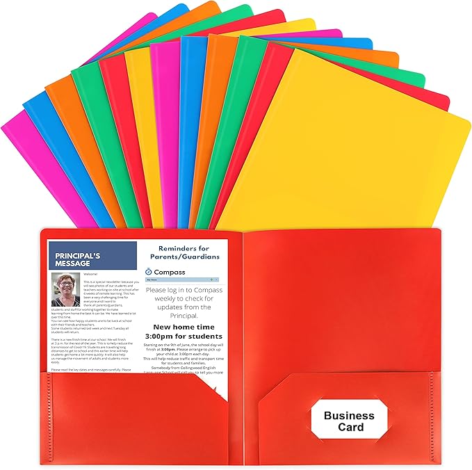 Plastic Folders with Pockets, 12 Color Heavy Duty Two Pocket Folder Business Card Holder for Office High School