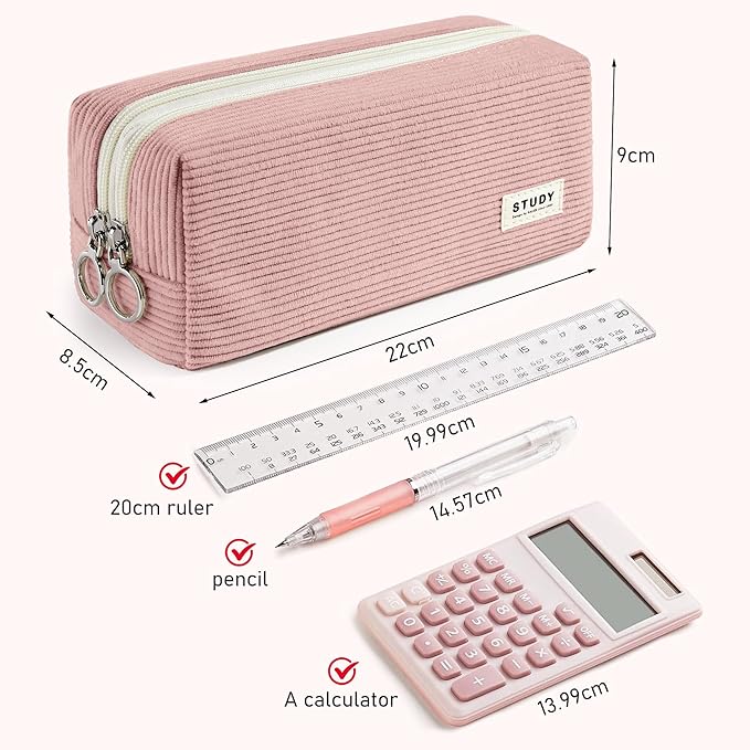 KALIDI Large Pencil Case Corduroy Pencil Pouch Box Cute School Supplies for Teen Girls Boys, Dusky Pink