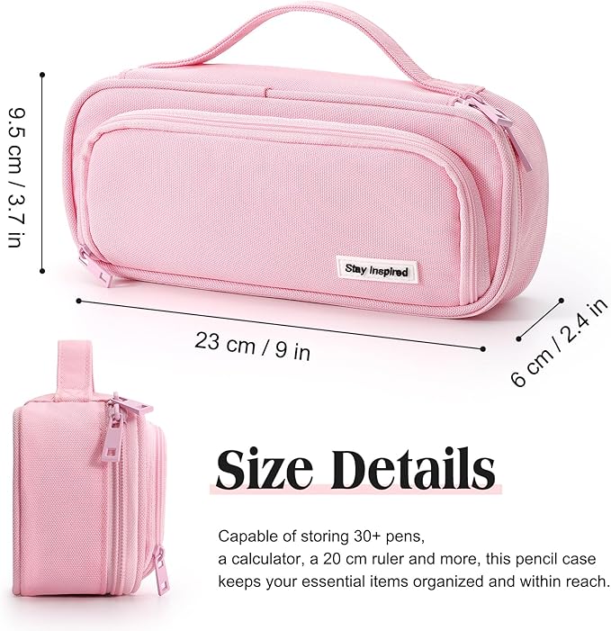 Ralnitote Large Pencil Case for Girls and Boys, Aesthetic Pencil Case Organizer with Handle, Cute Pencil Pouch for School & Office Supplies-Pink