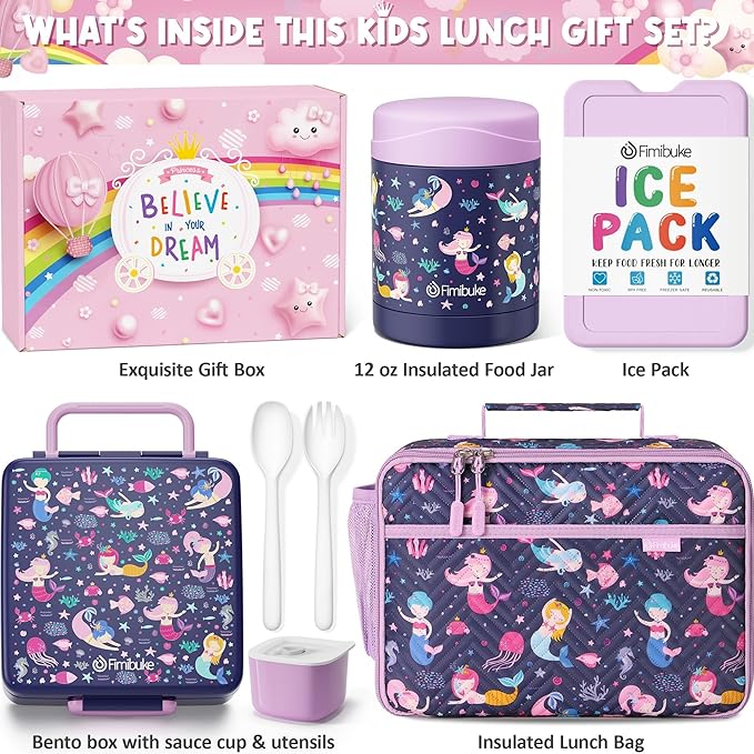 Fimibuke Kids Bento Snack Lunch Box with 4 Compartment, Insulated Lunch Bag, Stainless Steel Vacuum Thermo Food Jar, Ice Pack, Utensils Set, Birthday Gifts for Age 3-12 Back to School Toddler Girl Boy