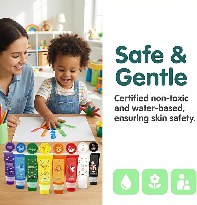 Washable Finger Paint with a Sponge Head, 8 Colors (1.69fl oz/Tube) Non-Toxic, Toddler Painting Set for Kids Boys Girls Gifts, Hand-Painted DIY, Ages 1-3 4 5 6+