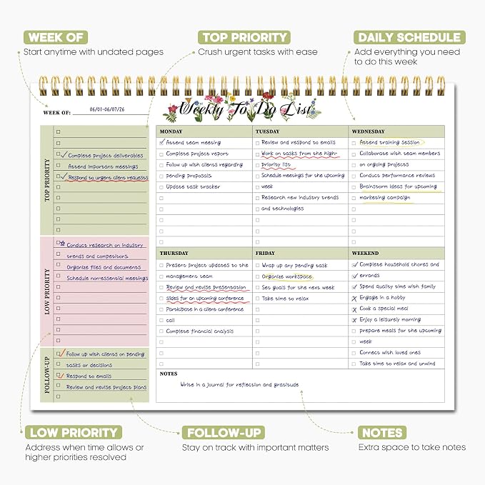 Weekly To Do List Notepad with 52 Undated Sheets（8.5"×11"）- Weekly Desk Planner for Women & Man, Work and Home - Soft Botanica