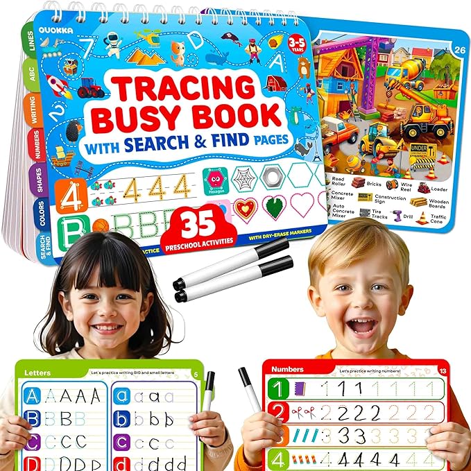 QUOKKA Busy Book for Toddlers 3-5 – Adventure Search and Find Activity Pad - Toddler Dry Erase Learning Workbook with Markers for Travel Quiet Time