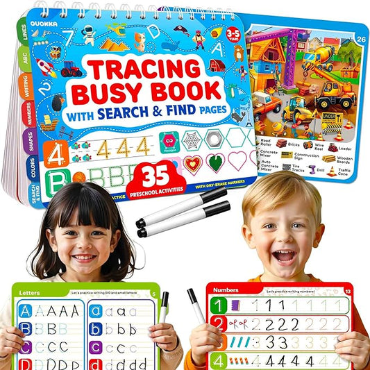 QUOKKA Busy Book for Toddlers 3-5 – Adventure Search and Find Activity Pad - Toddler Dry Erase Learning Workbook with Markers for Travel Quiet Time