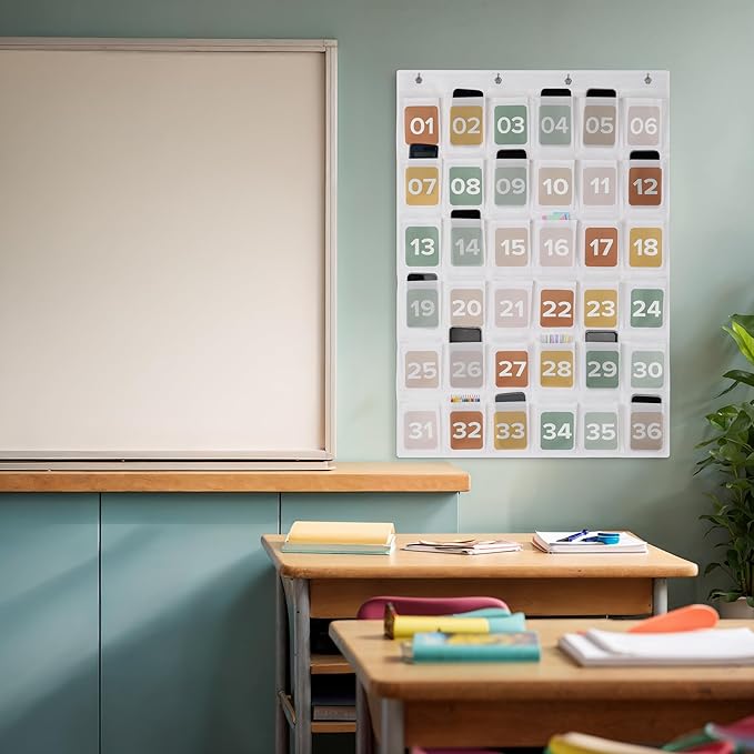 Premium Cell Phone Holder for Classroom - Durable Pocket Chart with 36 Numbered Slots & Hooks - The Perfect Hanging Chart for Phones, Calculators and Headphones Fits Nicely with Any School Decor