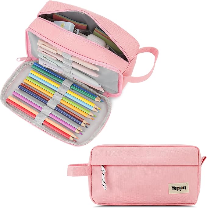 Yeplan Pink Pencil Case with Handle,Large Capacity Pencil Pouch | 3 Compartments Pencil Bags,Cute Pencil Case with Zipper,Stationery Storage for Teen and Adult,Pencil Case For Girls