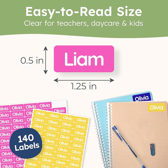 Personalized Universal Name Labels for Kids & Adults - Bright [140pcs] - Waterproof Name Stickers for School, Daycare & Clothes - Item & Supplies Name Stickers - Custom Stick On Labels
