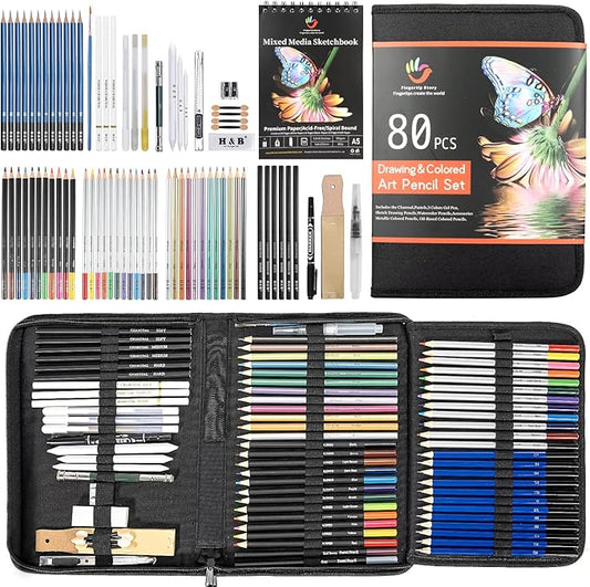 H & B 80 PCS Pro Drawing & Art Supplies Set, Sketching Kit with Watercolor, Metallic & Oil Based Colored Pencils, Charcoal Pencils & Gel Pens for Adult Artists Beginners, Includes Sketch Book & Case