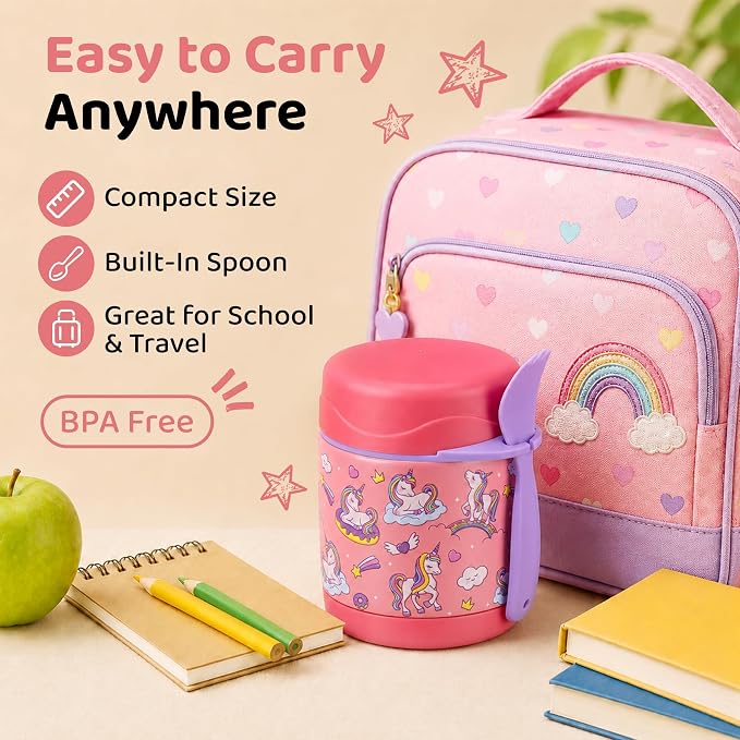 10oz Soup Thermo for Hot Food Kids Insulated Food Jar,Thermo Hot Food Lunch Container, Width Mouth Stainless Steel Lunch Box for Kids with Spoon (Pink-Cute Horse)