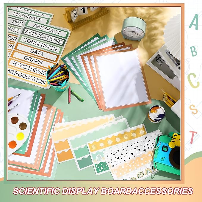 Fuyoooo 90 Pcs Science Fair Board Supplies 60 Trim Scalloped Bulletin Board Borders 24 Presentation Board Subtitles 6 Science Fair Titles for Classroom Display Boards(Geen Boho)