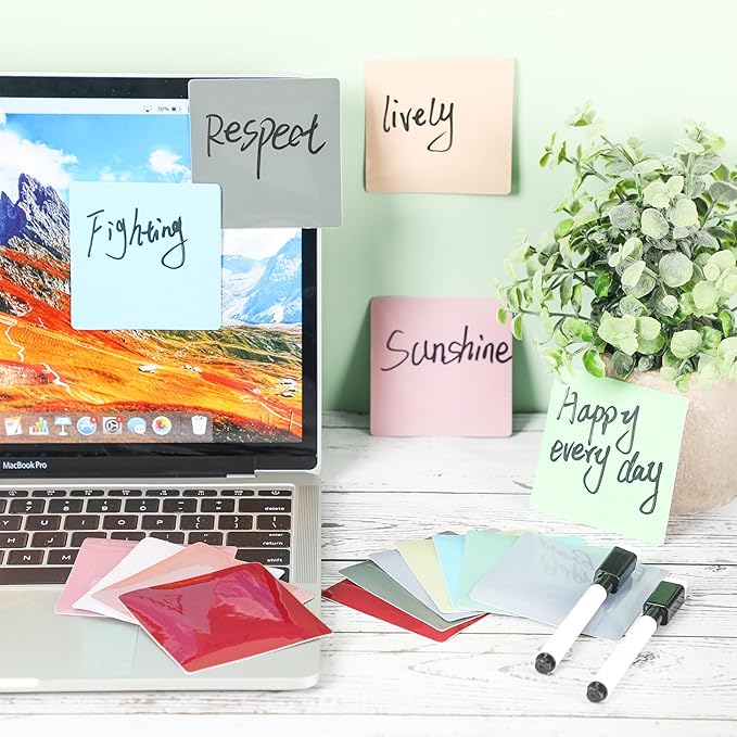 24 Pcs Reusable Dry Erase Sticky Notes 3"x 3" Whiteboard Labels Peel & Stick Dry Erase Colorful Labels and 2 Black Marker for Office Classroom Home Notes Lists Reminders Planning Teach(Morandi Color)