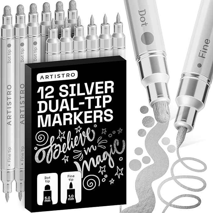 ARTISTRO 12 Silver Dual-Tip Acrylic Paint Markers – Paint Pens Set with Dot & Fine Tips for Fabric, Rock, Glass, Wood, Coloring Books – Arts & Crafts Gift – Classroom Must Haves & School Supplies