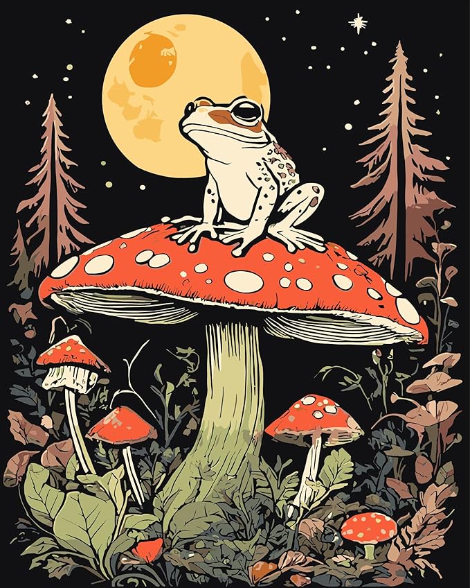 Mushroom Paint By Numbers Kit For Adults, Country Night Paint By Number Kits For Beginner Frog Moon Acrylic On Canvas Diy Oil Painting Kit Adults' Paint-By-Number For Gift Home Wall Decor 16x20 Inch