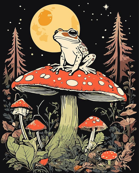 Mushroom Paint By Numbers Kit For Adults, Country Night Paint By Number Kits For Beginner Frog Moon Acrylic On Canvas Diy Oil Painting Kit Adults' Paint-By-Number For Gift Home Wall Decor 16x20 Inch