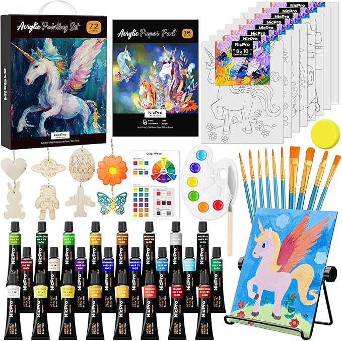 Nicpro 72PCS Kids Painting Set with Pattern Canvas, Art Painting Supplies Kit with 24 Acrylic Paints,10 Brushes, 8 Canvas Panels,Table Easel,Paper Pad,Color Wheel,Palette for Beginner Students
