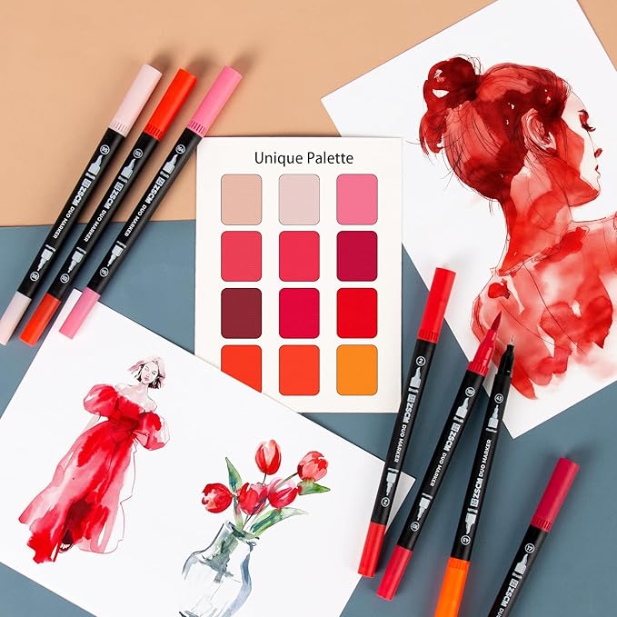 ZSCM Red Duo Tip Marker Pens, 12 Pack Fine & Brush Markers for Adult Coloring Books No Bleeding, Vibrant Red Markers for Holiday Cards, Bold Lettering, Attention-Grabbing Highlights and Logos